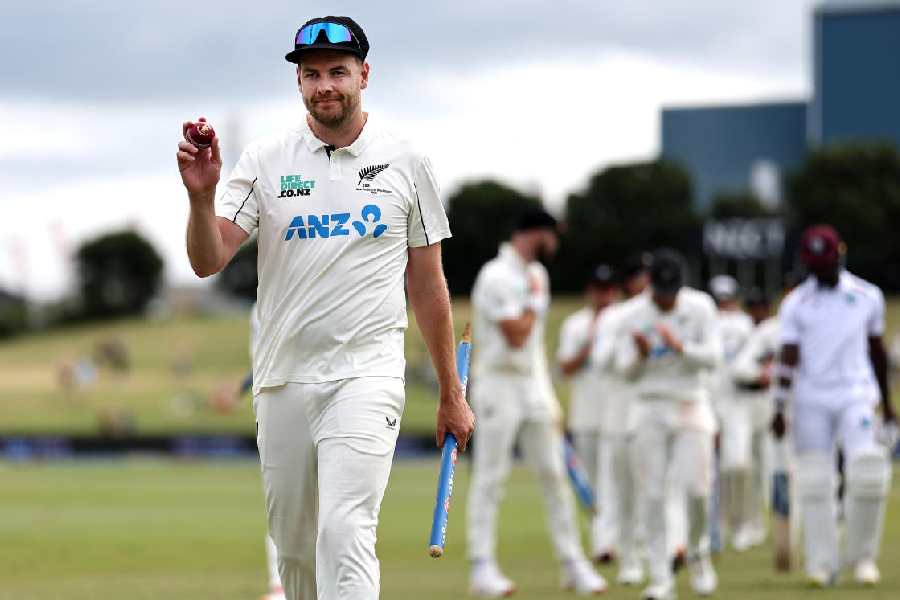 Jacob Duffy leaves the field after taking 5/42 on Monday,in New Zealand’s 323-run win.