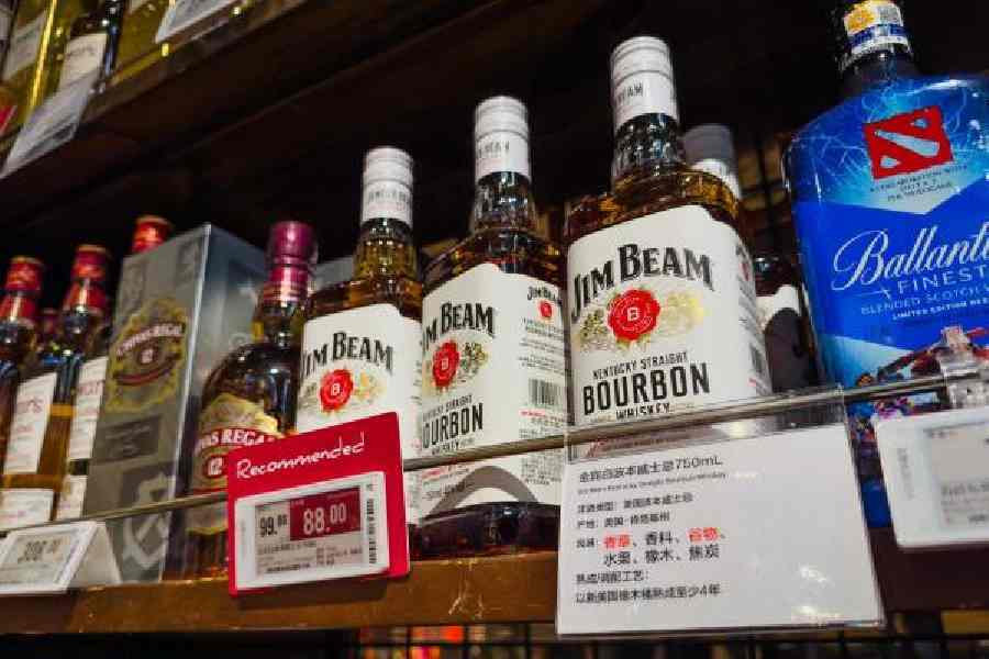 Bottles of Jim Beam Kentucky Straight Bourbon are displayed in a supermarket in Shenzhen, China.