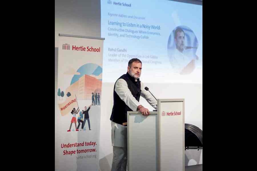 Rahul Gandhi addresses the gathering at Hertie School in Berlin.