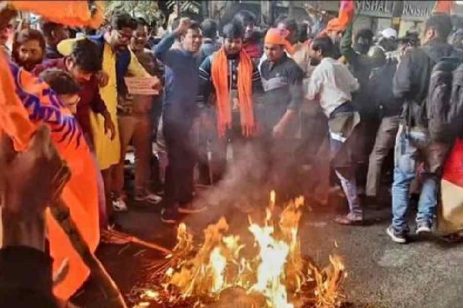 A picture shared by police shows saffron groups agitating near the Bangladesh deputy high commission in Calcutta on Tuesday