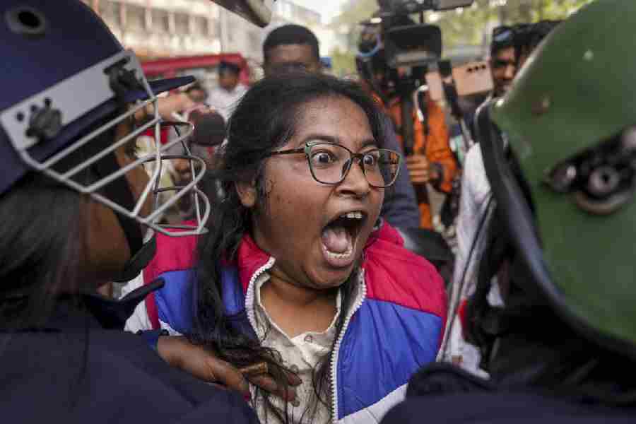 A Bangiyo Hindu Jagaran Mancha member during the protest on Tuesday near the Bangladesh deputy high commission in Calcutta against the lynching of a Hindu youth in the neighbouring country.