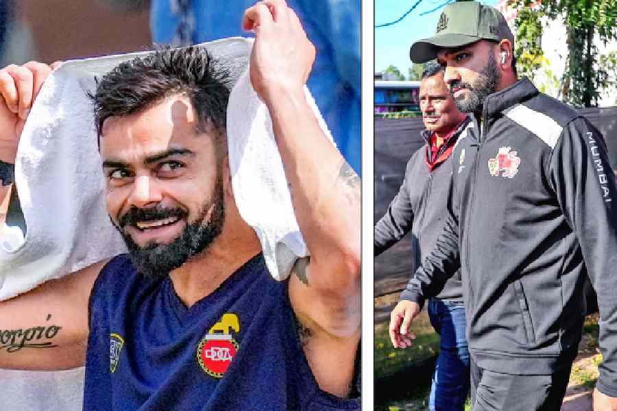 Virat Kohli on the sidelines of Delhi’s training session for the Vijay Hazare Trophy in Bengaluru on Tuesday and (right) Rohit Sharma leaves the Sawai Mansingh Stadium in Jaipur, following practice with the Mumbai team ahead of their opening match against Sikkim.