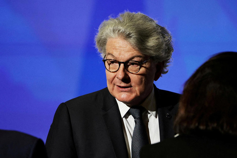 FILE PHOTO: European Commissioner for Internal Market Thierry Breton looks on before French President Emmanuel Macron's speech on Europe in the amphitheatre of the Sorbonne University in Paris, France, 25 April 2024.