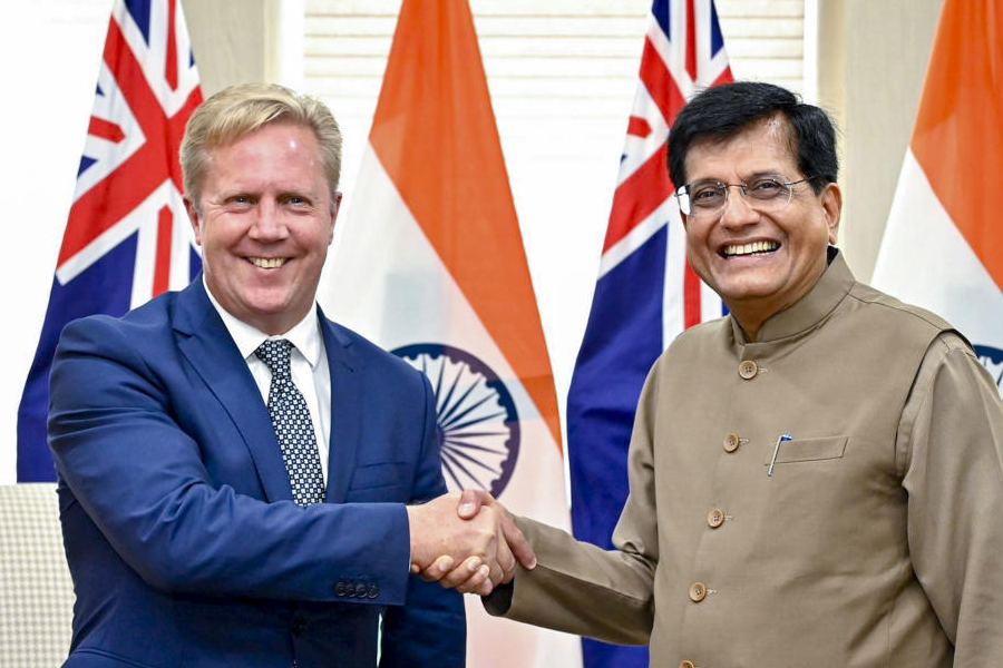 In this image posted on Dec. 22, 2025, Union Minister Piyush Goyal with New Zealand Minister Todd McClay during a meeting, in New Delhi.