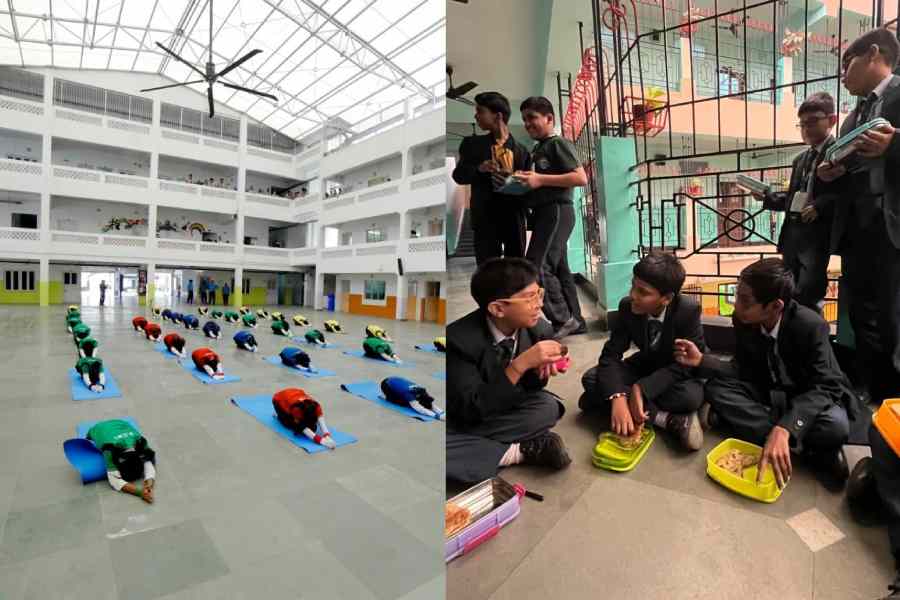 The yoga-meditation room at BDM International where students can go for a breather, and (right) students relax and interact with friends during break time at MCKV. The school offers its students two breaks