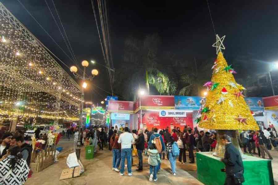 The Sreebhumi service road decorated for the festival.