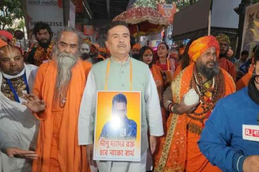 Suvendu Adhikari on the way to meet officials at the Bangladesh deputy high commission on Friday