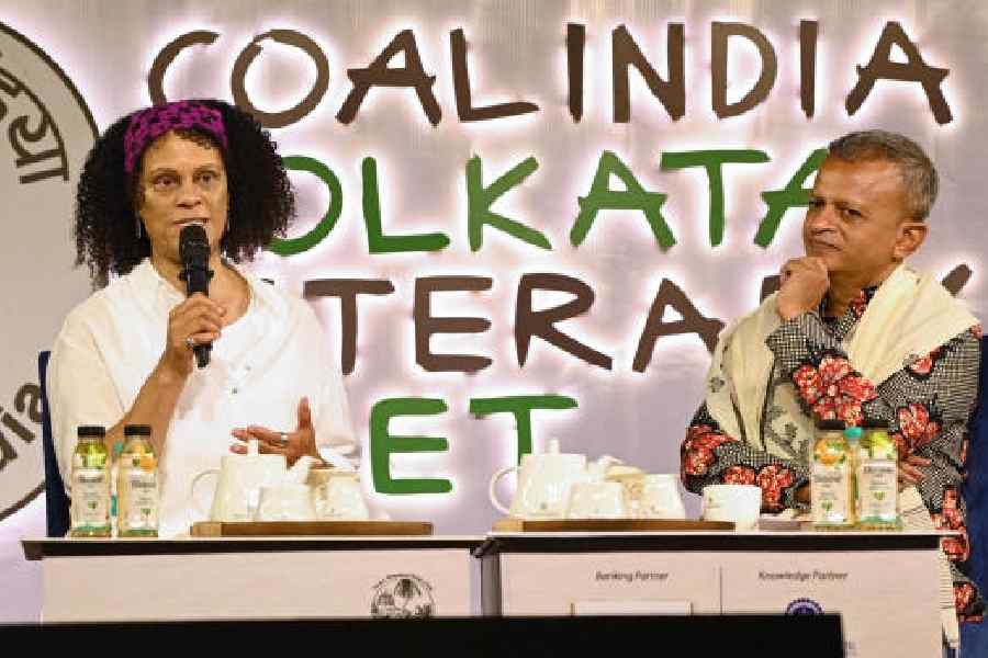 Booker-winning writer Bernardine Evaristo in conversation            with Sandip Roy at the Kolkata Literary Meet 2025