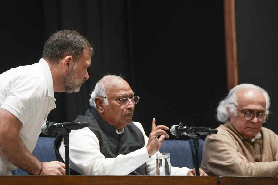 Congress leaders, from left, Rahul Gandhi, the party’s President Mallikarjun Kharge and Jairam Ramesh during a press conference after the Congress Working Committee (CWC) meeting, in New Delhi, Saturday, Dec. 27, 2025.