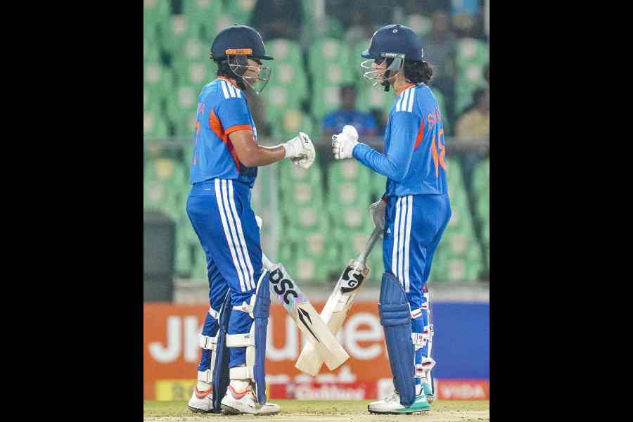 Shafali Verma (left) and Smriti Mandhana during their record 162-run opening stand in Thiruvananthapuram on Sunday.