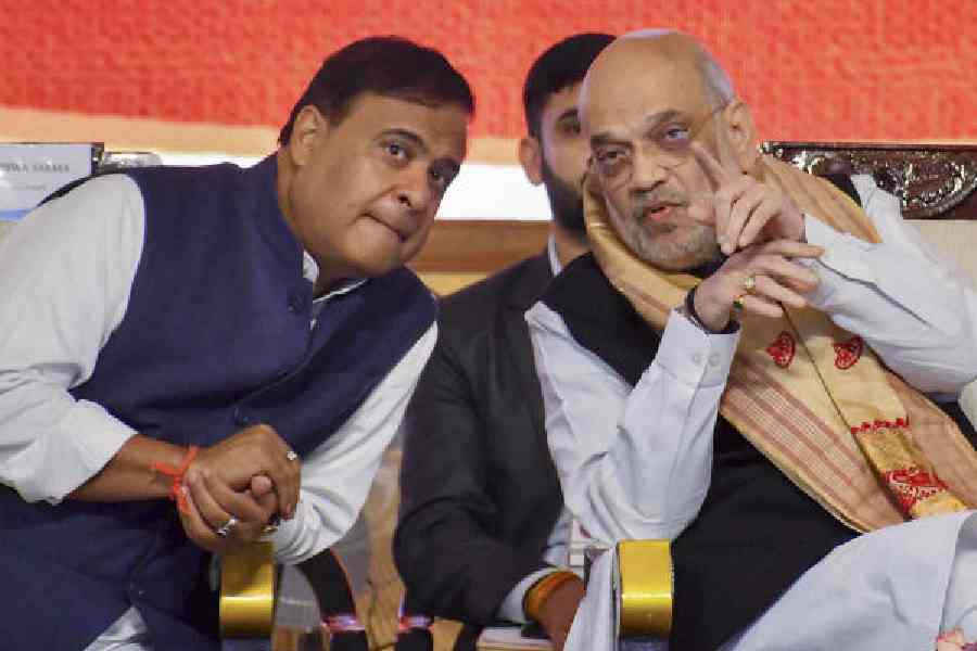 Amit Shah with Himanta Biswa Sarma at the inauguration of Batadrava Than, the birthplace of Srimanta Sankardeva, in Nagaon on Monday.