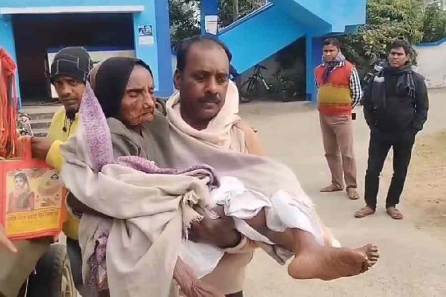 Muktibala Pramanik, 89, being carried to the SIR hearing centre at Katwa I block office in East Burdwan on Monday.