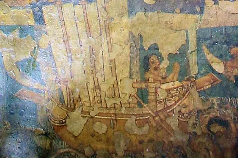 An ancient sail ship depicted in an Ajanta Cave painting from the 5th century that served as a reference for the construction of Kaundinya.