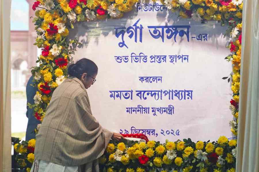 Mamata Banerjee during the foundation stone-laying of the Durga Angan at New Town on Monday.