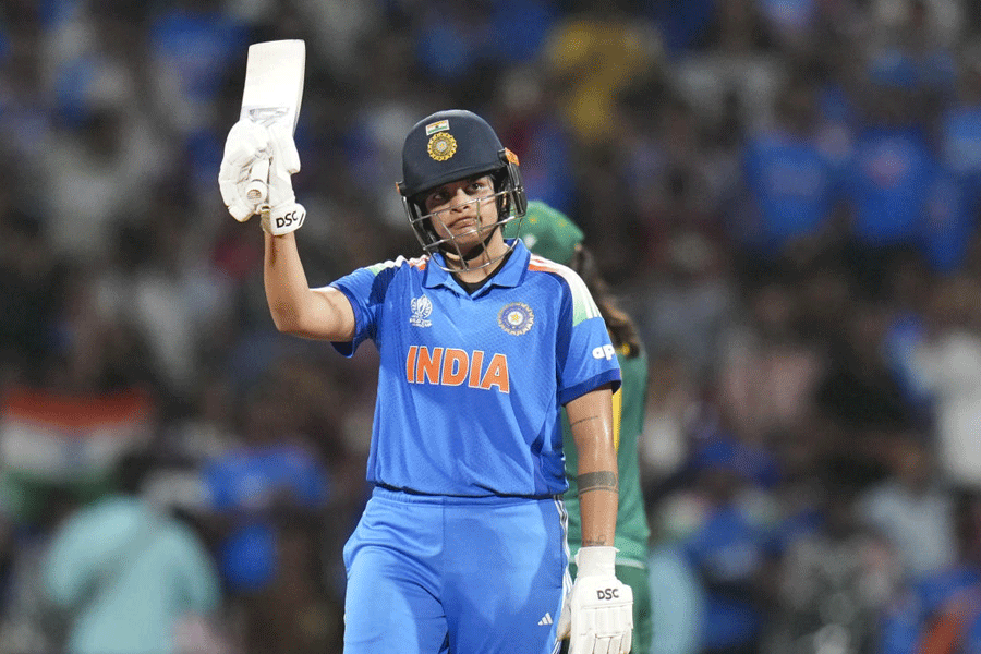 India's Shafali Verma celebrates her half century during the ICC Women's World Cup final ODI cricket match between India Women and South Africa Women, at the DY Patil Stadium, in Navi Mumbai, Sunday, Nov. 2, 2025.