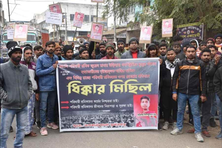 Residents of Bhagawanghola in Murshidabad at a protest rally on Tuesday.