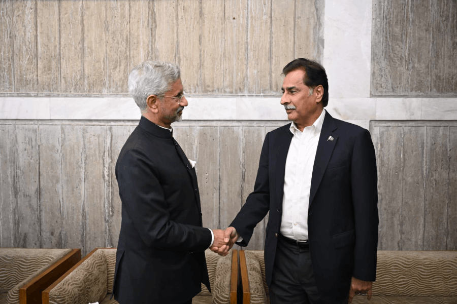 External Affairs Minister S. Jaishankar exchanges greetings with Sardar Ayaz Sadiq, Speaker of the National Assembly of Pakistan, in Dhaka on Wednesday.