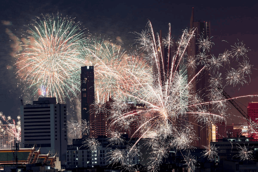 Fireworks explode during the New Year celebrations in Bangkok, Thailand, January 1, 2026.