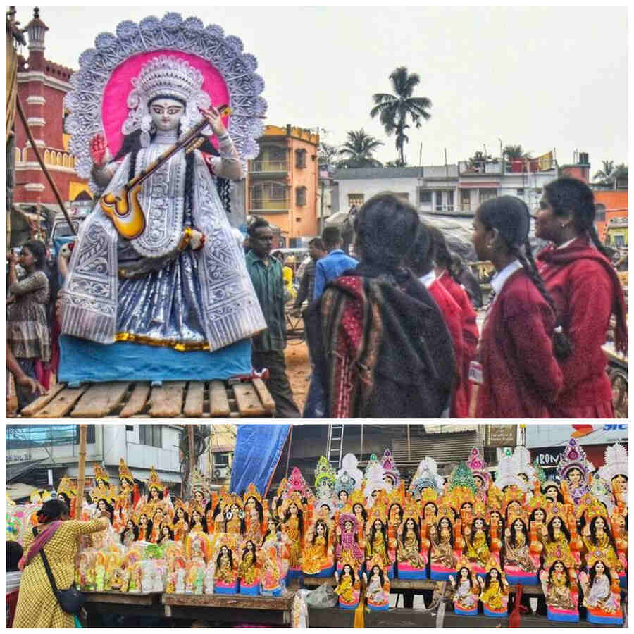 (Top) Schoolgirls watch sold Saraswati idols being taken away at Krishnanagar and (above) a woman chooses idols at Dum Dum Nagerbazar