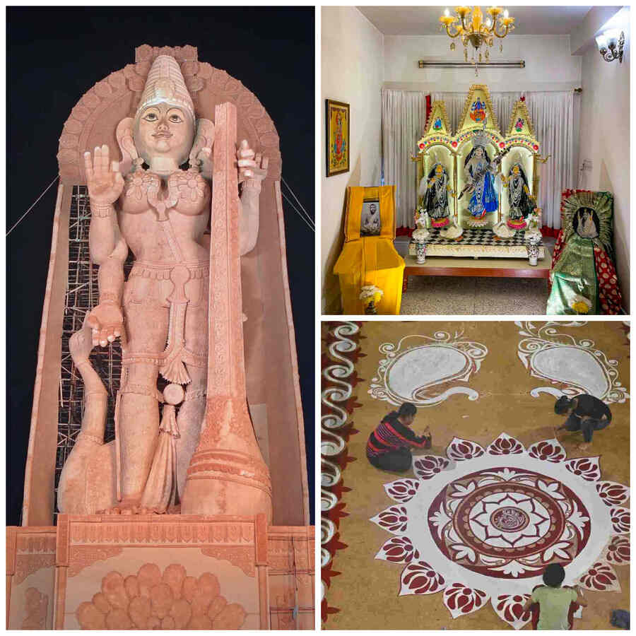 (Clockwise from left) A Saraswati idol towers 111 feet above the ground at at Batanagar Newland Ground in Maheshtala Municipality, idols crafted according to Motchuri art are ready for worship at Mitra Bari in Bansdroni and (above) Sanskrit Collegiate School students draw ‘alpona’ on their school premises 