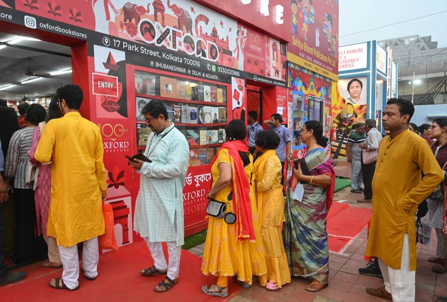 Many visitors at the Book Fair were seen dressed in their Saraswati Puja best and faithfully following the yellow code