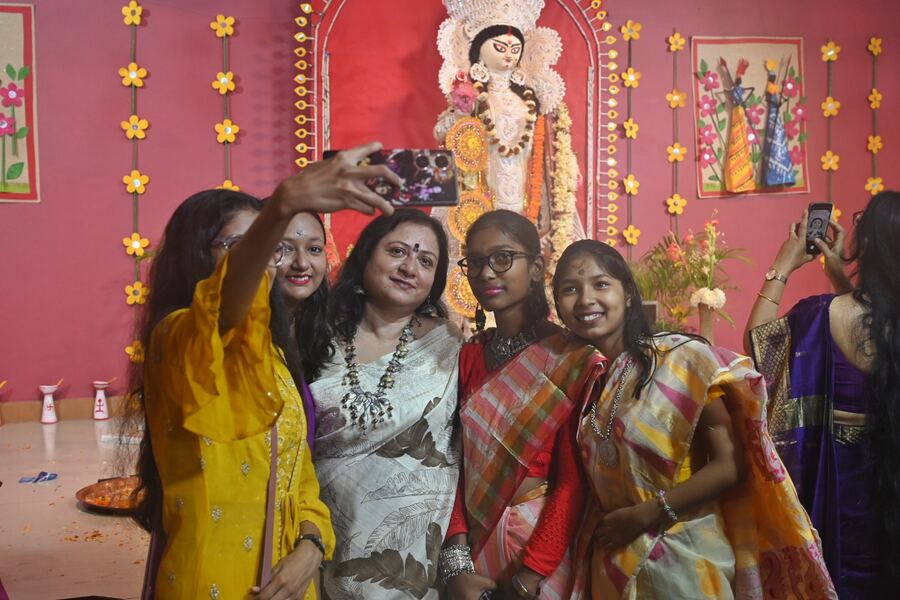 Students, staff and ex-students of Taki Girls School participated in the Saraswati Puja celebrations on Sunday  