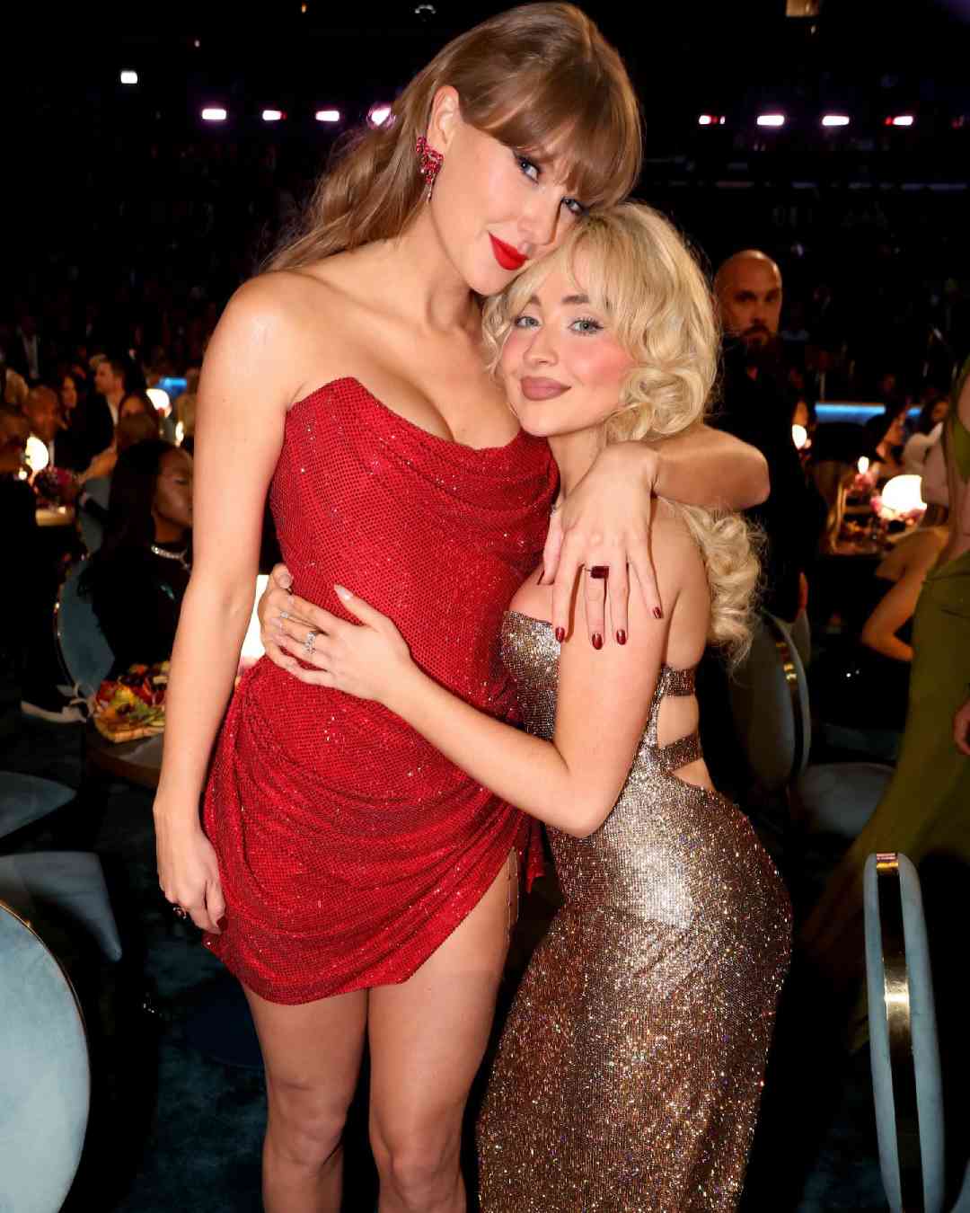 Clad in a red corset-fit sequined dress, Taylor Swift posed for a photo with Carpenter. The Please Please Please singer triumphed over Swift, Billie Eilish and even Ariana Grande to win a Grammy. 