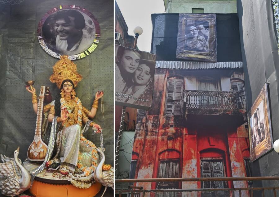 North Kolkata Tarun Samiti Club near Sovabazar Metro paid tribute to matinee idol Mahanayak Uttam Kumar with its Saraswati Puja pandal themed ‘Oti Uttam’  