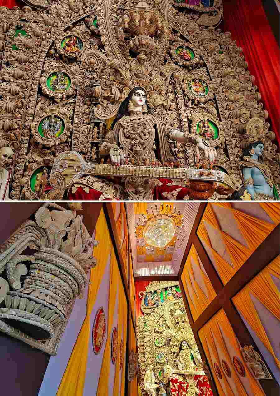 The pandal of Siriti Bidyabitan was decorated maintaining the traditional theme of Saraswati Puja  