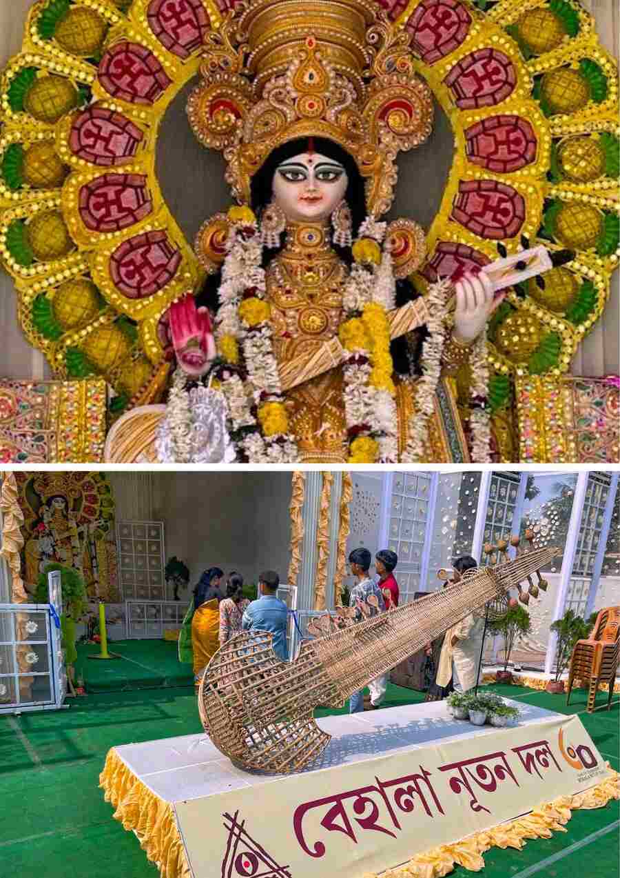 Behala Nutan Dal had a musical theme in its diamond jubilee year. The stunning idol has been made by artist Naba Kumar Paul  