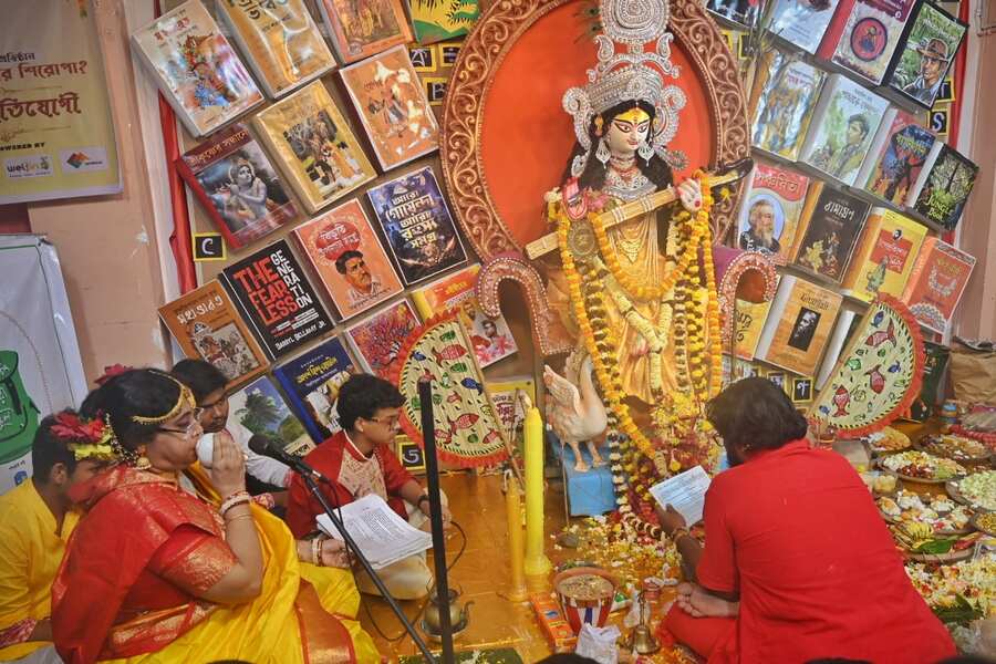 Students of Taki Boys School, Sealdah, took part in the morning ‘pushpanjali’ on Monday  