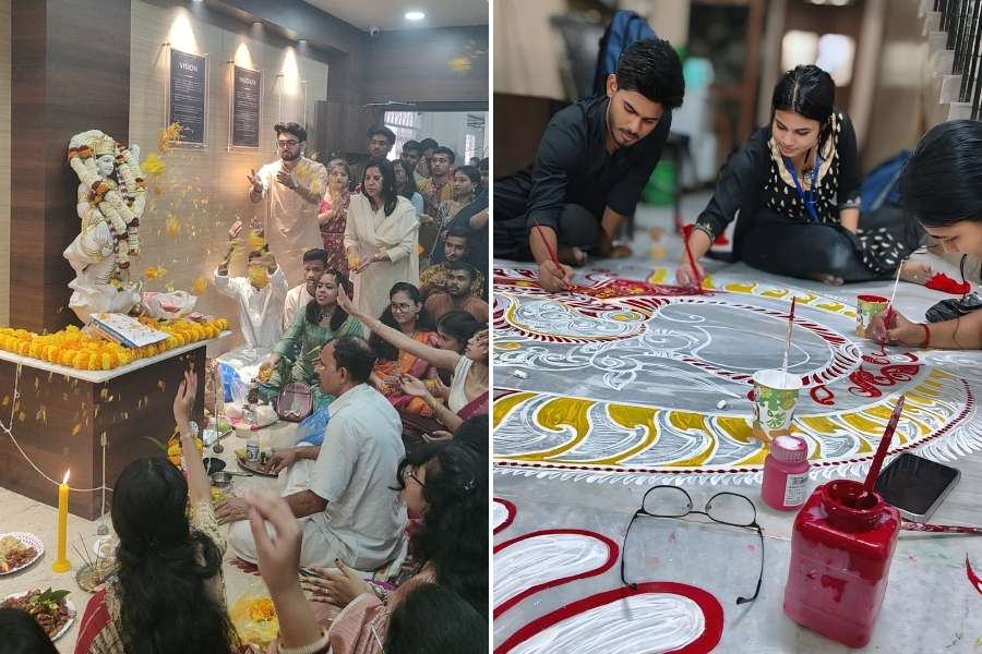 The Nopany Institute in north Kolkata’s Girish Park upheld the tradition of Saraswati Puja, with students creating intricate rangoli designs, coordinating their attire to reflect the spirit of Basant Panchami. Plastic and thermocol were avoided to go eco-friendly  