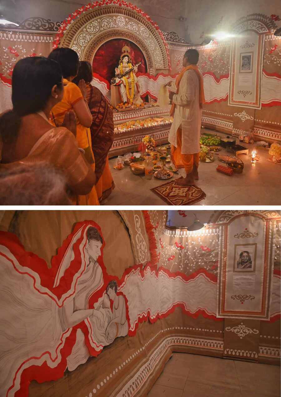 The theme colour for La Maternelle High & Primary School’s Saraswati Puja in Gariahat was red and white and the celebration was named ‘Prabhavati’, showcasing the role of Ishwarchandra Vidyasagar in women’s education in Bengal