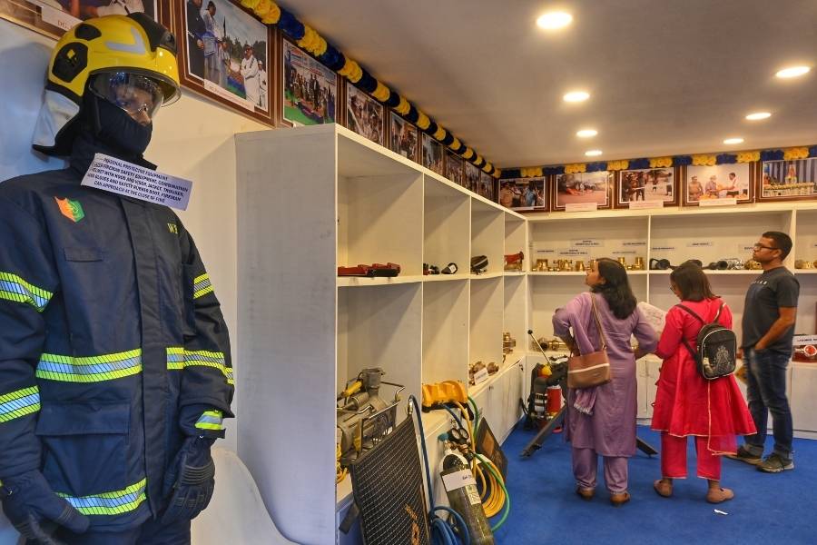 Visitors stopped by at the state government’s fire fighters’ stall. The fire and emergency services department conducts demonstrations of fire-fighting at the book fair since fire broke out at the 33rd International Kolkata Book Fair on February 3, 1997, destroying one-third of the stalls and 1,00,000 books