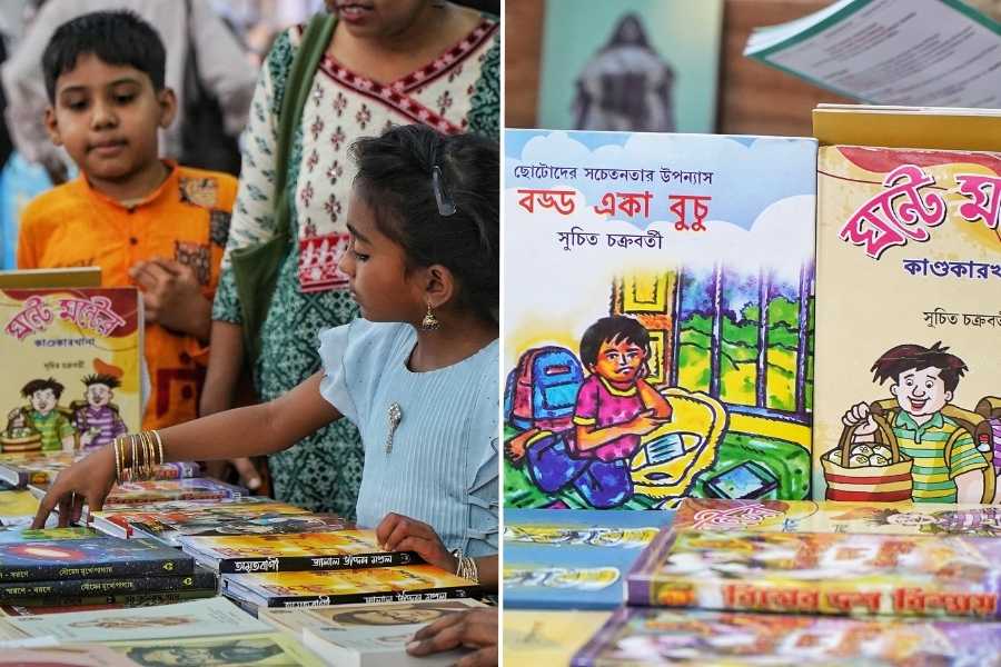 Young readers soaked in the book fair vibes on Saraswati Puja, buying children literature from the little magazine stalls