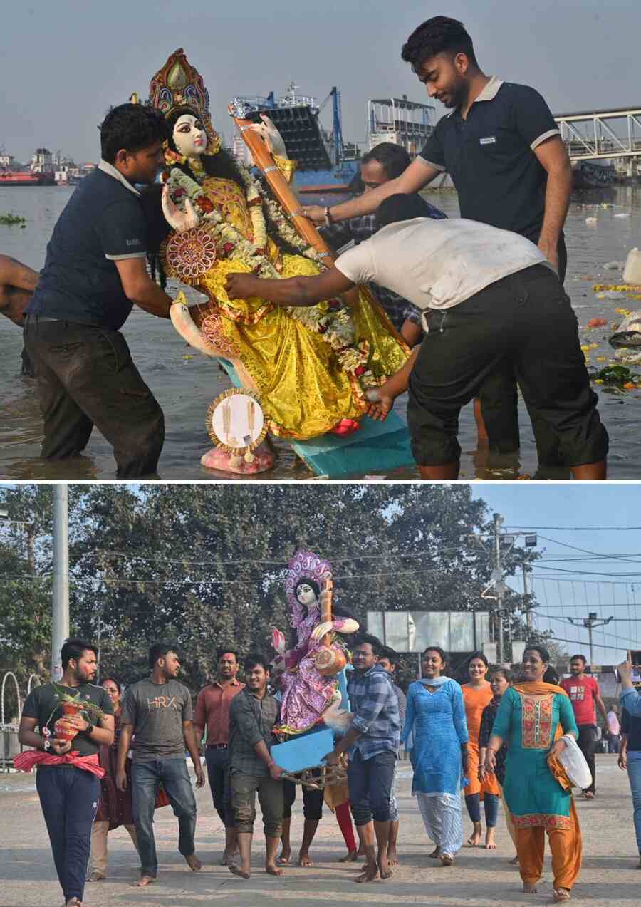 Students celebrate and bid adieu to the goddess Saraswati at Babughat on Tuesday