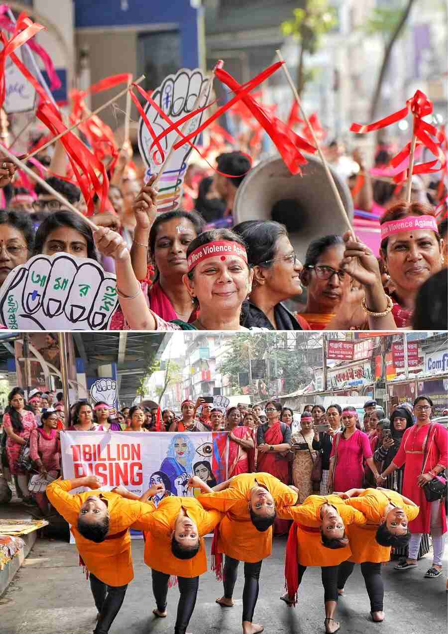 Women take part in a rally and street performances by One Billion Rising, a global movement to end violence against women, from Gariahat crossing to Rashbehari More