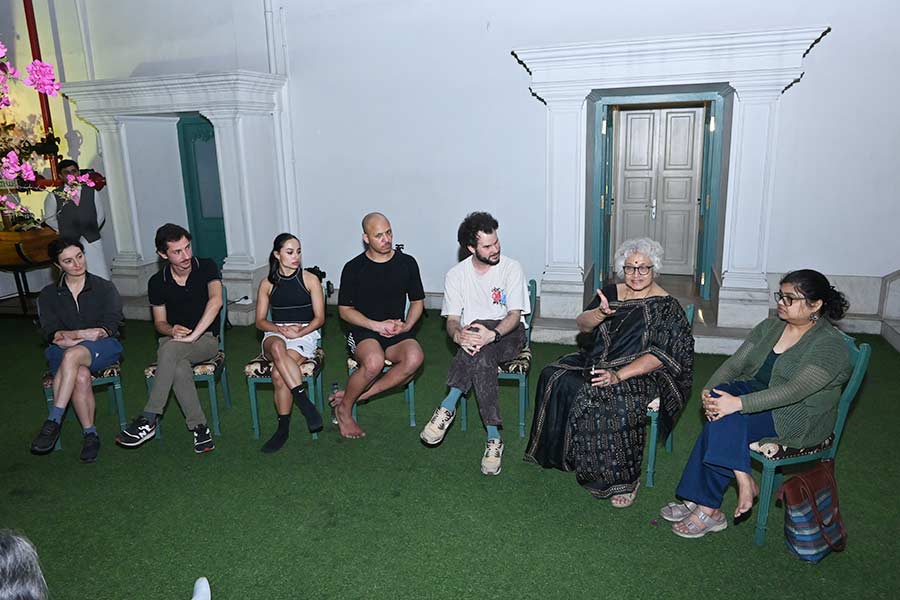 At the heart of the evening was an interactive session featuring AWA’s groundbreaking production, ‘Shoot the Cameraman’. The event included a short excerpt from the piece, followed by a discussion moderated by independent filmmaker and Aliah University faculty member Subha Das Mollick (second from right). The session invited the audience to reflect on the relationship between movement, media and perception, questioning how the act of filming itself shapes the way stories are told and interpreted