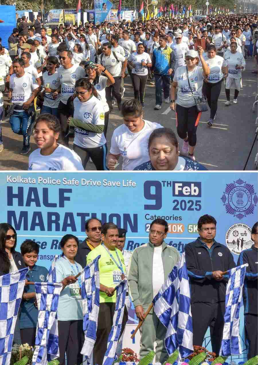 The Kolkata Police Safe Drive Save Life Half Marathon 2025 was flagged off by DG & IGP West Bengal Rajeev Kumar on Sunday. Commissioner of Police Manoj Kumar Verma led by example, participating in the 21K event. He also felicitated the winners.￼ Minister of transport Snehasis Chakraborty and secretary of the transport department Saumitra Mohan presided over the closing ceremony. Major general Rajesh A. Moghe, VSM, GOC Bengal Area, and other dignitaries and celebrities were also present at the event  