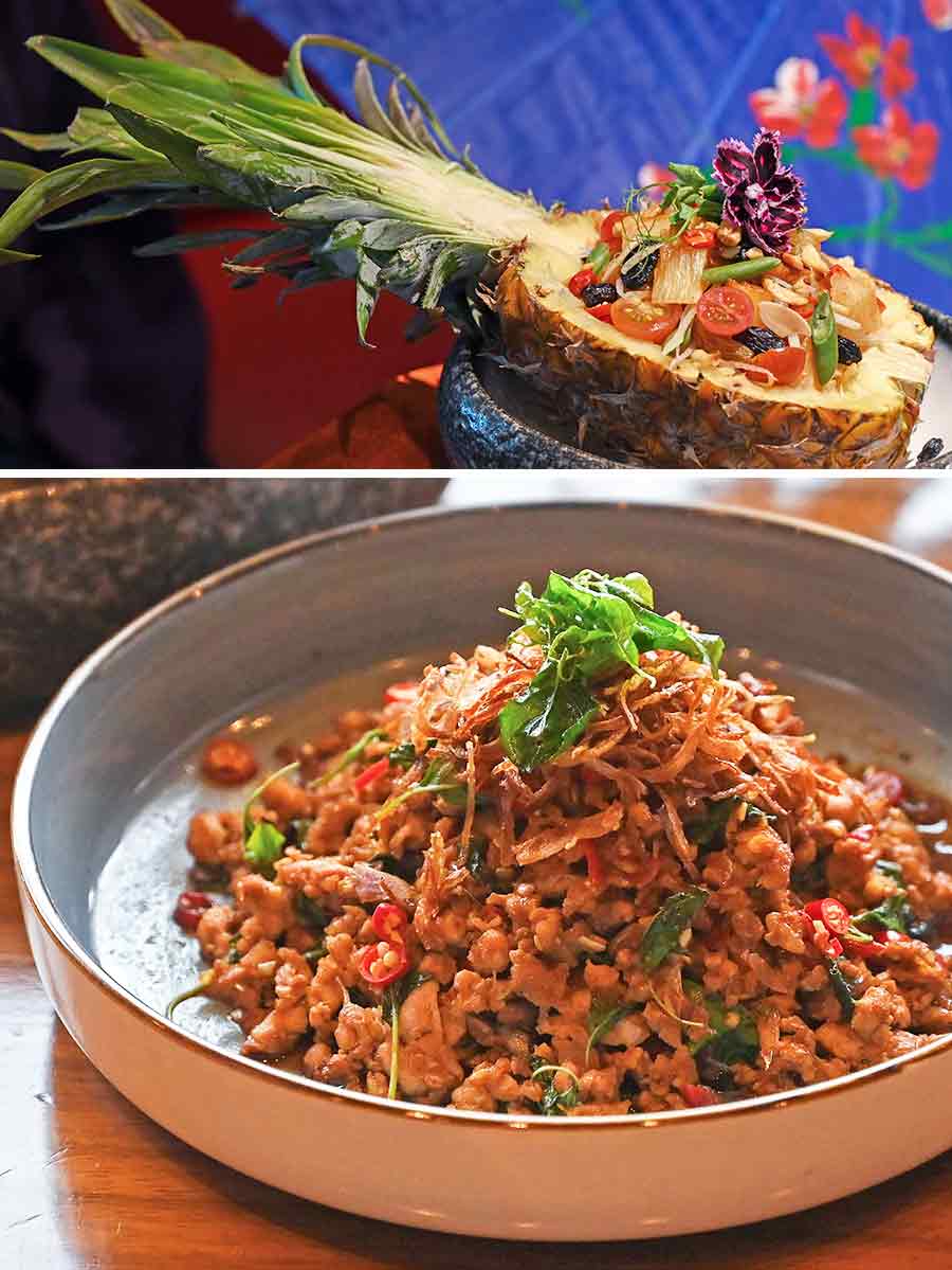 The extensive menu also had Thai favourites like (top) Pineapple Som Tam salad (Thai pineapple salad) and (bottom) Pad Krapow — minced chicken fried with chilli and basil leaves in a spicy Thai sauce