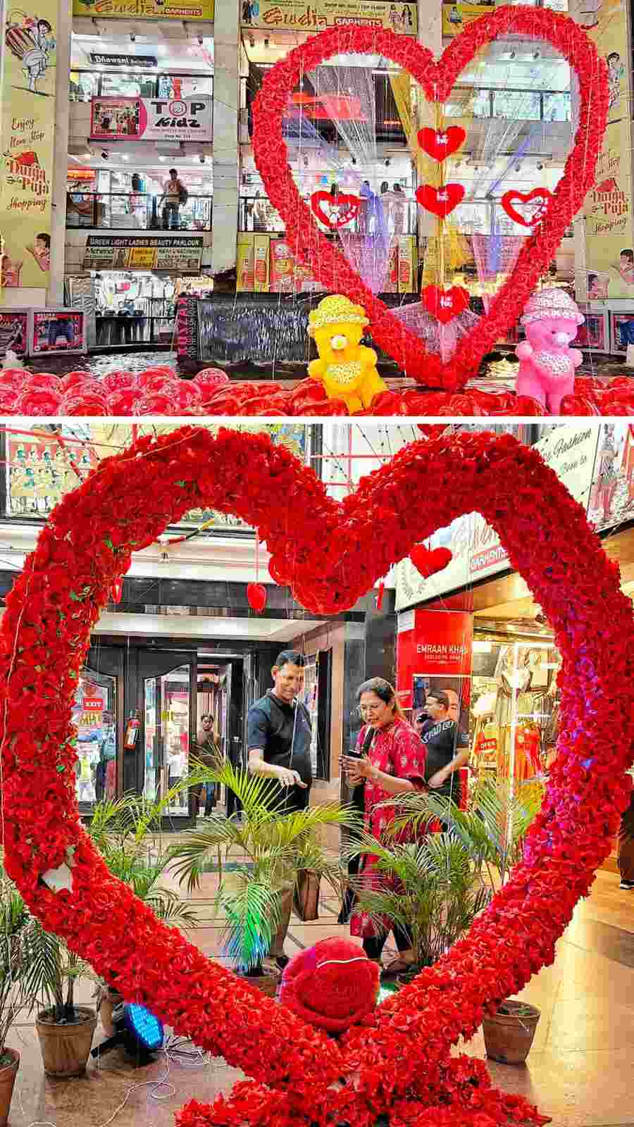It’s a mushy-mushy affair at the 30-year-old Shreeram Arcade at Humayun Place near New Market with heart shapes made of red roses, red heart balloons and teddies decorations