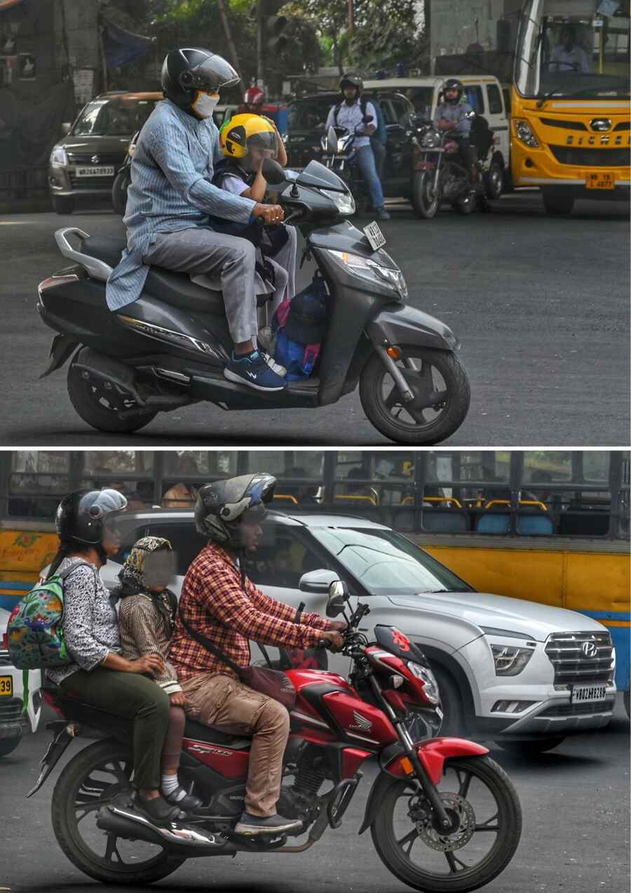 Even as Kolkata Traffic Police are observing a traffic safety week till February 15, two sets of parents fetch their wards from school on bikes with and without helmet   