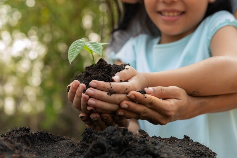 Kid and parent planting sapling
