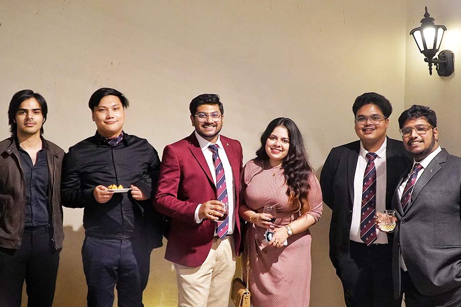 Abhijit Basu from the batch of 1967, R. Janakiram from 1968 and Amitava Datta, Suvankar Banerji, Rakesh Casyab and Sunil Gandhi from the batch of 1969 made up the list of the oldest Paulites in the house while the youngest Paulites were from the batches of 2018 and 2019. Pictured (L-R) are Adnan Khan, Wangchuk Lachungpa, Ayaskanta Dey and his wife Sneha Roy, Agniv Das and Satyam Bhimsaria. The youngsters spent the night talking to the other Old Paulites with most discussions centred on how things have changed at St Paul’s over time