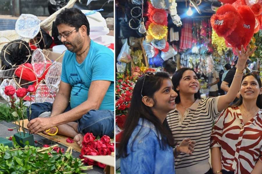  (Left) The bouquets made by florists above Simpark Mall is one of the hundreds (right) young people choose from at the flower range in New Market ahead of Valentine’s Day