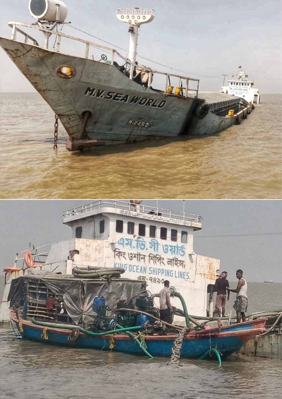 The stricken Bangladeshi cargo ship, MV Sea World, is sinking in the Muriganga river near Ghoramara Island. Presently, it has been split into two with a crack down the middle. The 100-ft Bangladeshi barge carrying fly ash struck a sandbar off Ghoramara Island on Thursday