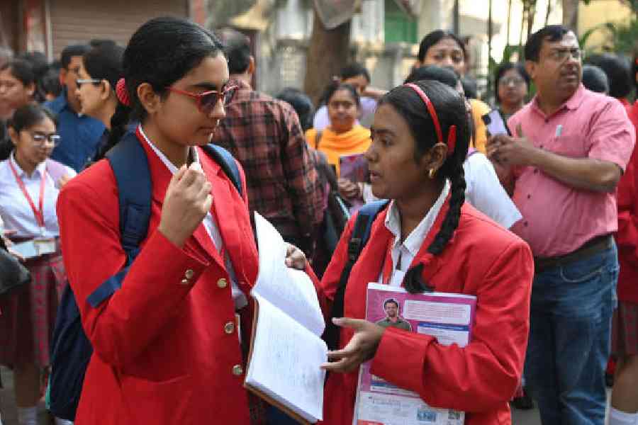 Examinees on Day 1 of CBSE at Mahadevi Birla World Academy on Saturday. Pictures by Gautam Bose