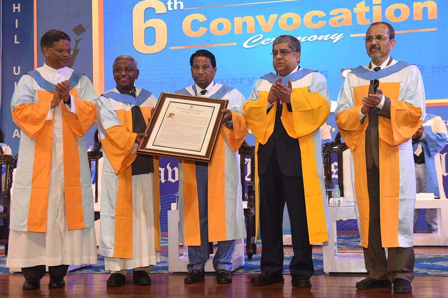 St Xavier’s University vice-chancellor John Felix Raj conferred the Doctor of Literature ( DLitt, Honoris Causa) on Govindasamy Viswanathan, founder and chancellor of Vellore Institute of Technology (VIT), at the varsity’s sixth convocation ceremony at Biswa Bangla Convention Centre in New Town on February 15
