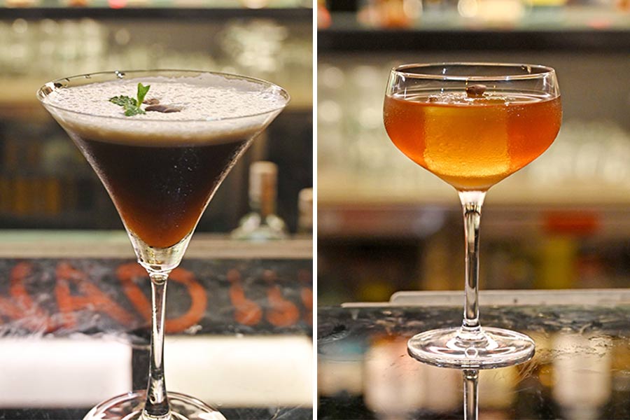 (Left) The Orange Driver is a vodka-based cocktail — a blend of espresso, orange juice, caramel syrup and mint leaves. Served in a margarita glass with a foamy layer, this drink strikes the perfect balance between coffee and vodka. On the other hand, the Coconut Mocha Mirage (right) is a drink, where espresso and white rum are mixed together for a delightfully smooth experience. One of the sweeter cocktails on the menu, it also has coconut milk, pineapple juice, milk and a hint of lemon juice for a refreshing twist