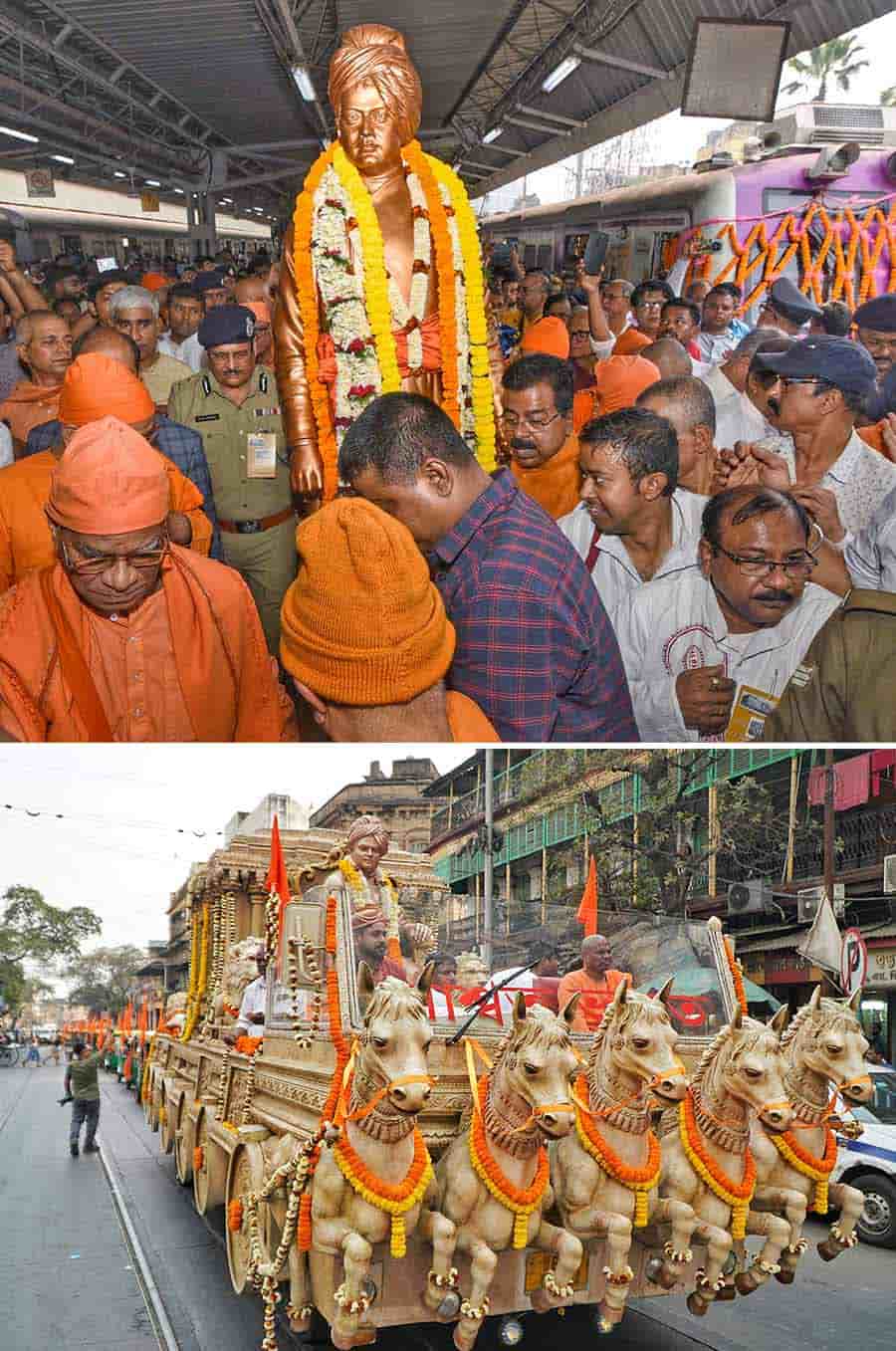 (Top) Eastern Railway ran a special train carrying a statue of Swami Vivekananda from Budge Budge to Sealdah on Wednesday to commemorate the 128th anniversary of his historic return to Kolkata from Chicago and (above) then proceed to Alambazar Ramakrishna Math by a horse carriage
